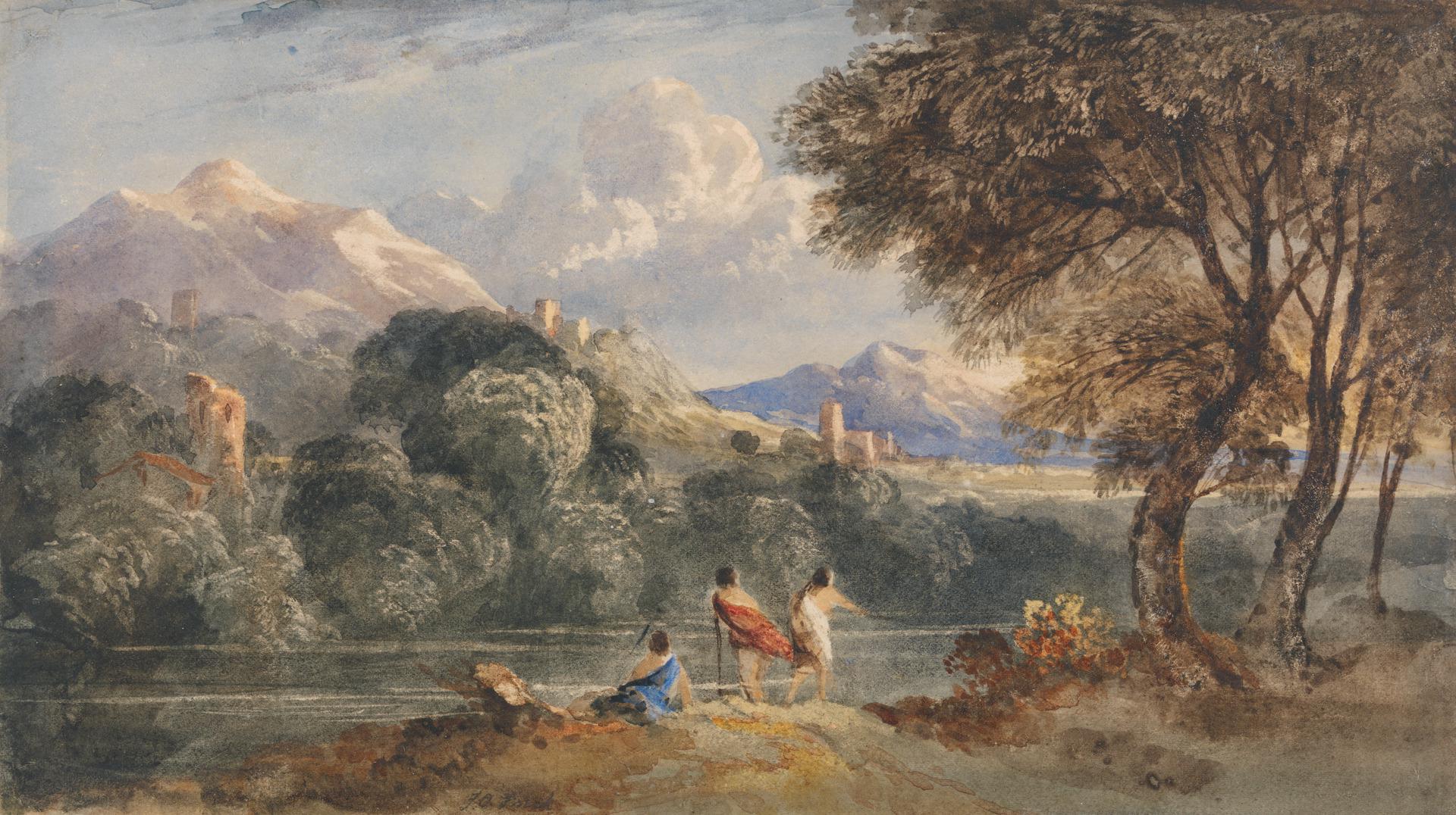 Francis Oliver Finch (1802-1862), Classical Landscape with Figures, watercolor painting.