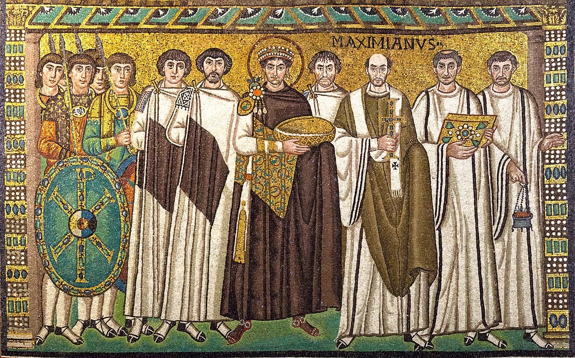 Emperor Justinian and his retinue in a mosaic in the Church of San Vitale in Ravenna, Italy.
