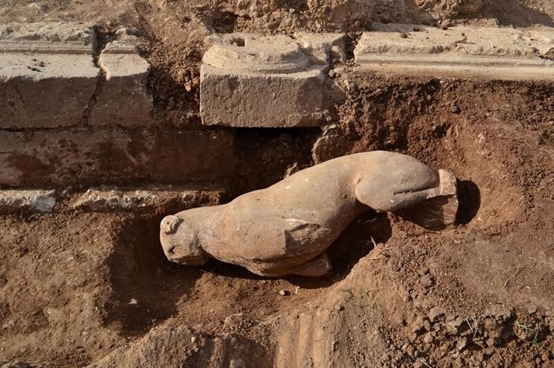 Previously uncovered marble lion statue at the town of Rhypes