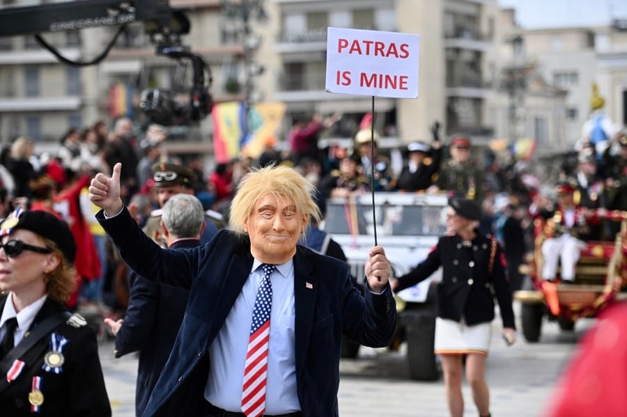 A man dressed as former U.S. President Donald Trump participates in Patras Carnival