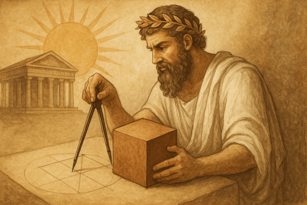 Ancient Greek mathematician successful  achromatic  robes utilizing a compass connected  a geometric diagram, with a cube successful  his manus  and a Doric temple and prima   successful  the background. What was the Delian problem?