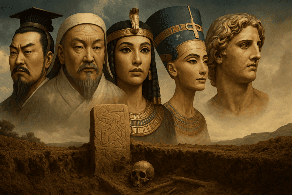 Digital composite showing Qin Shi Huang, Genghis Khan, Cleopatra, Nefertiti, and Alexander the Great with ancient artifacts in the foreground and a dramatic landscape backdrop.