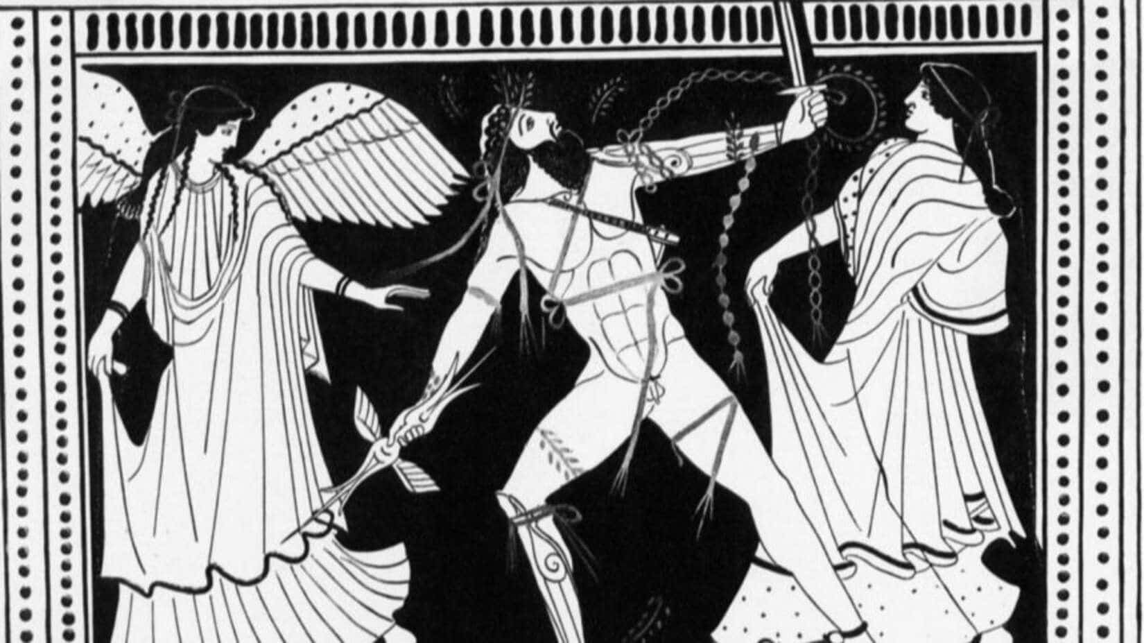 Ancient Greek vase painting depicting Salmoneus breaking free from chains and imitating Zeus with a sword and lightning symbol.