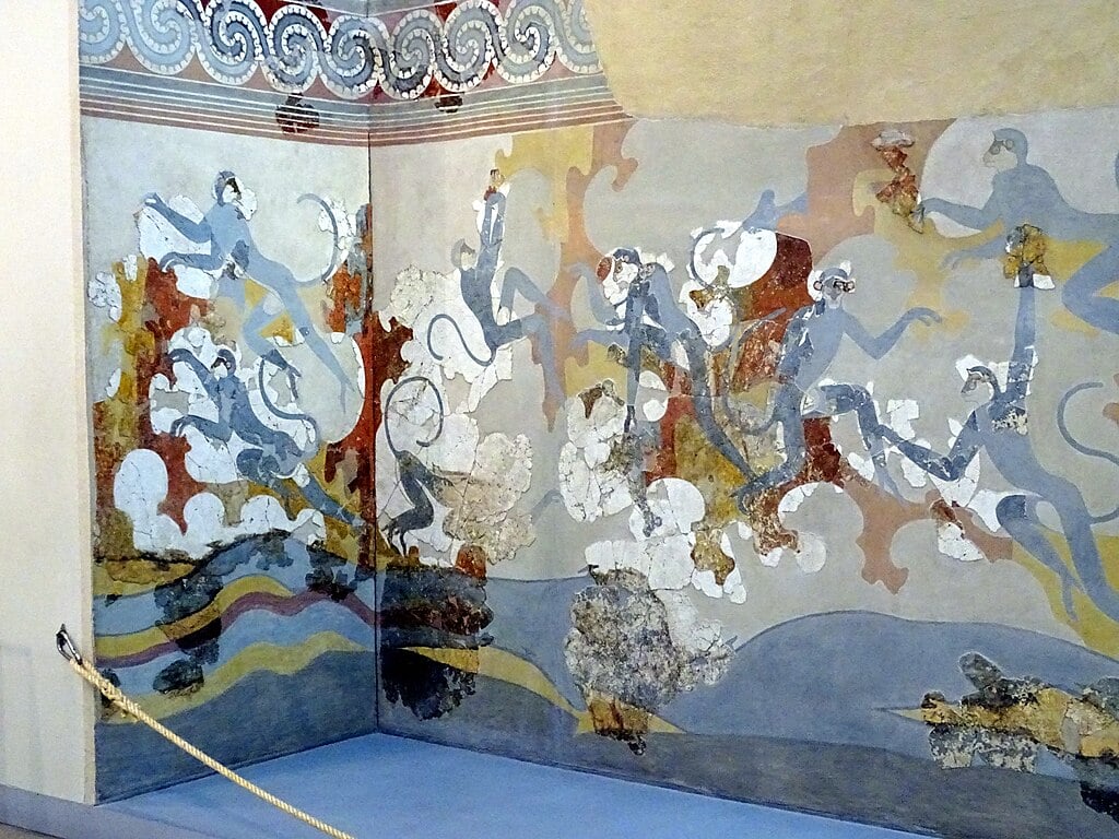 Detail of Akrotiri fresco showing a monkey with an arched tail and elongated limbs, possibly a gray langur.