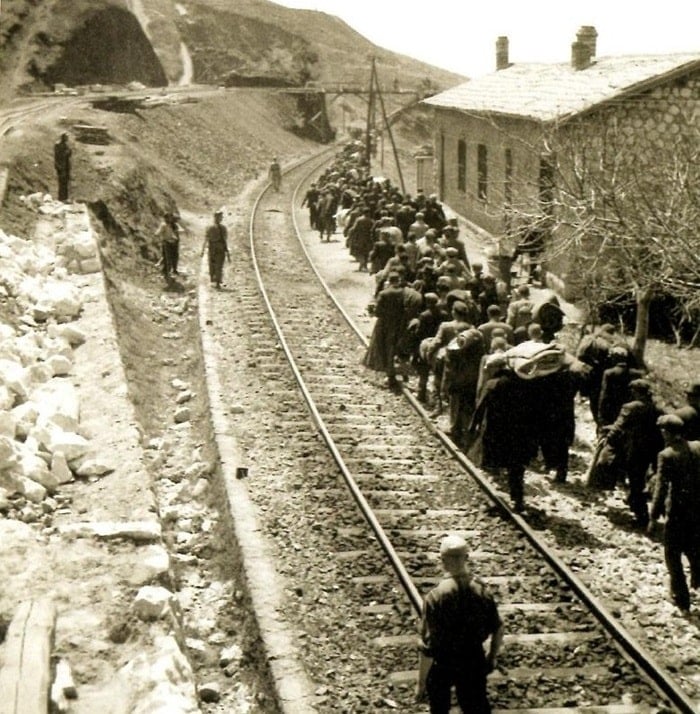 Forced Jewish laborers at Karia Railway Station