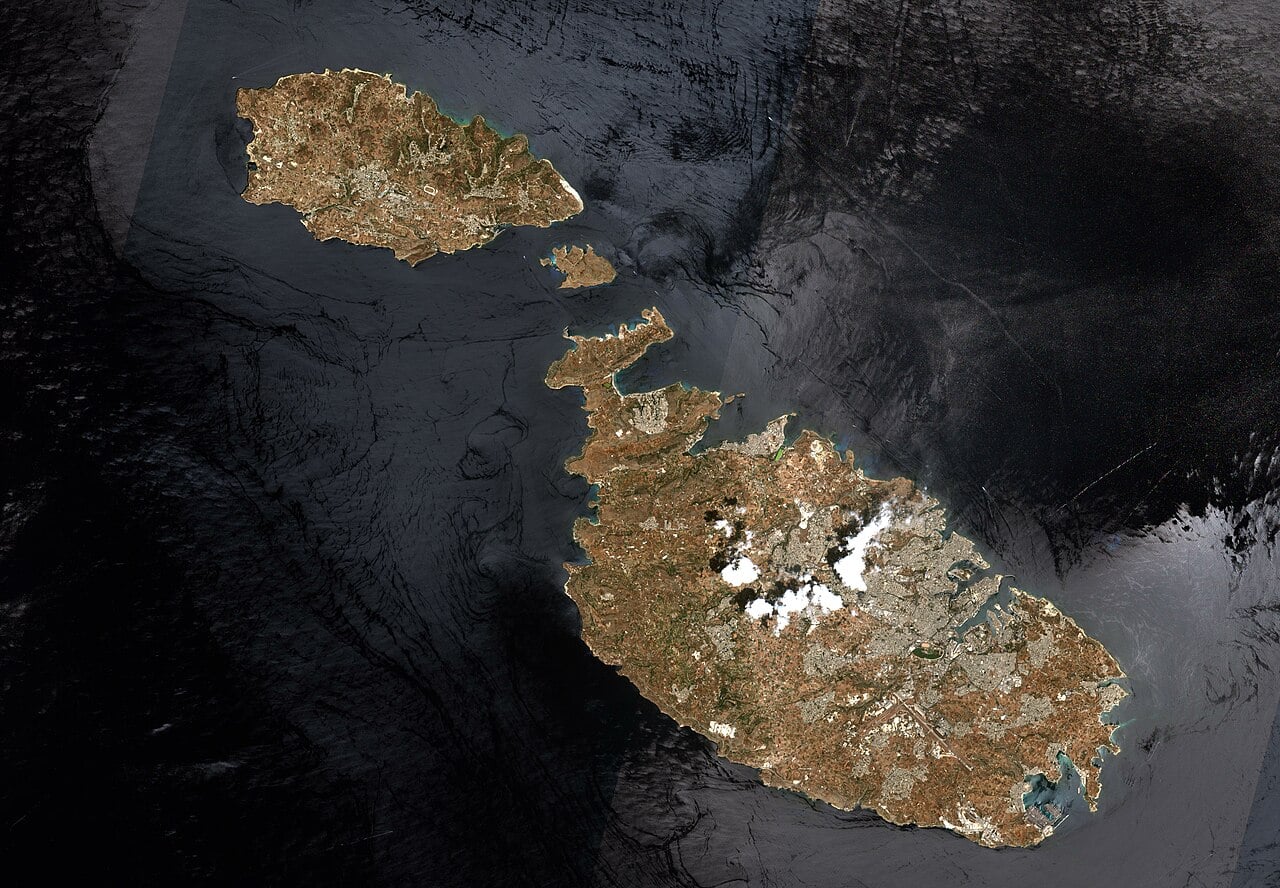 Satellite image of the Maltese archipelago, with Gozo, the likely location of the Odyssey's Ogygia, in the top left corner
