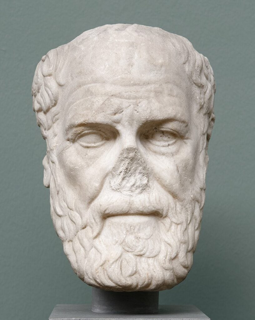 Roman copy of an anonymous Greek head sculpture of the late 4th or early 3rd century BC, often identified as Hypereides.