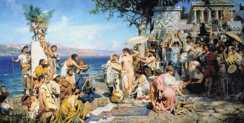 *Phryne at the Festival of Poseidon in Eleusis*, a large-scale 1889 history painting by Polish-Russian artist Henryk Siemiradzki, is held in the State Russian Museum in Saint Petersburg. Her beauty saved Phryne from death in ancient Athens