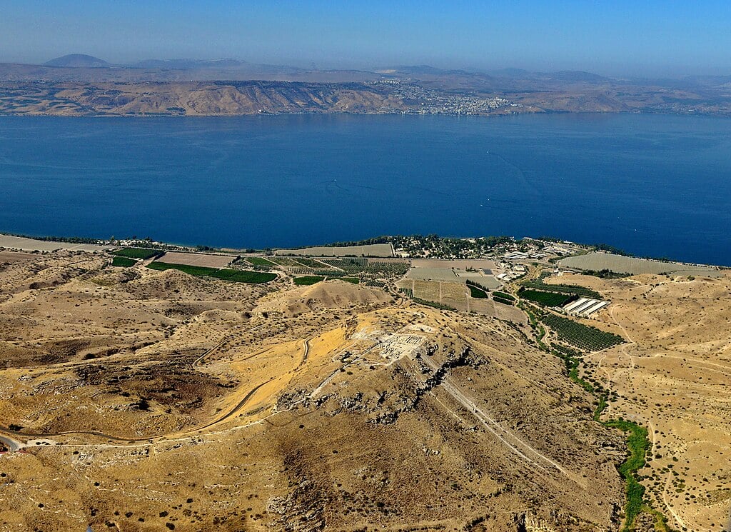 Aerial view of the ancient city of Sussita (Hippos) overlooking the Sea of Galilee