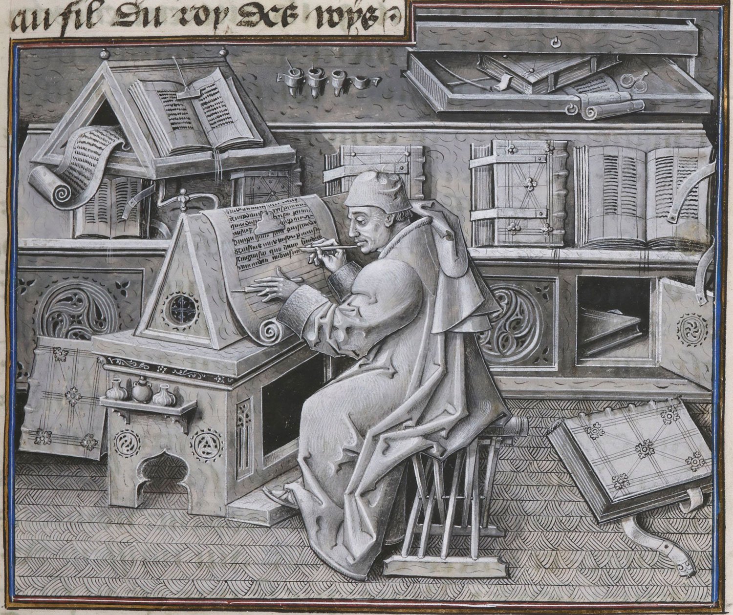 An illustration of a European scribe at work, 1450–1460