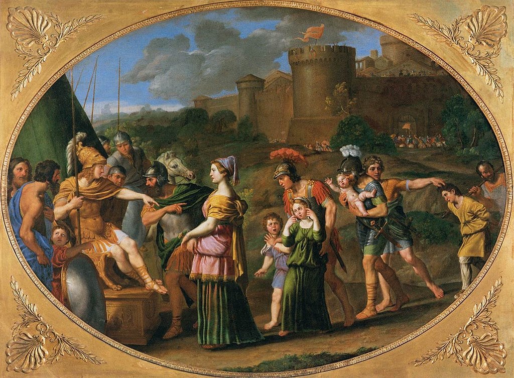 Theban noble woman Timoclea defied Alexander the Great when brought before him for killing one of his captains. Painting of the scene by Domenichino (1581-1641).