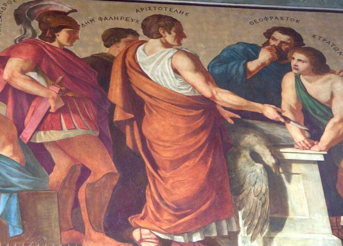 A classical coating  of Aristotle surrounded by his disciples, including Theophrastus and Strato.