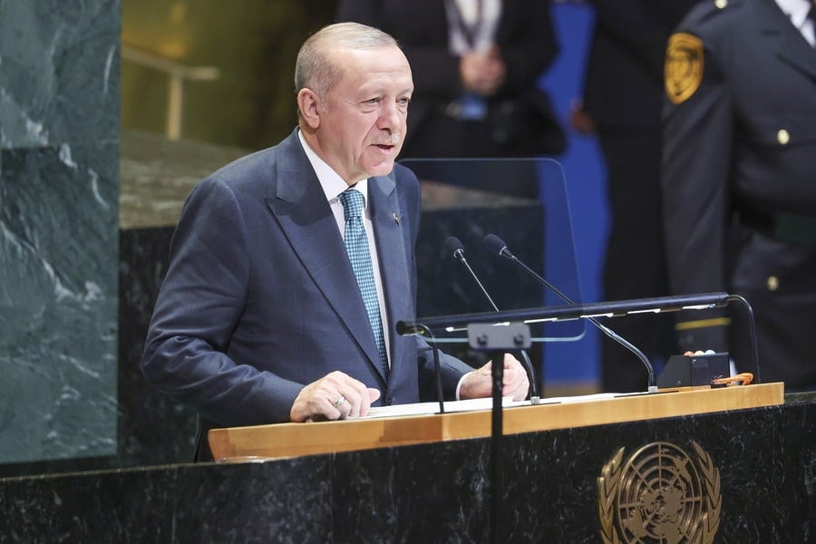 Turkey's President Tayyip Erdogan speaks during the General Debate of the 80th league   of the United Nations General Assembly