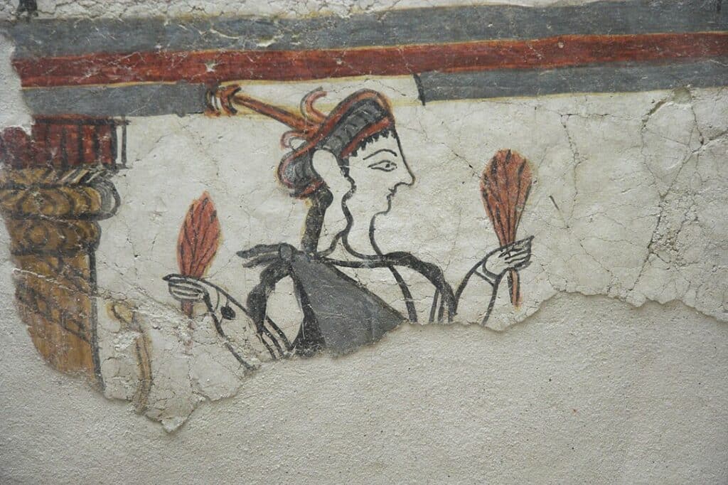 The fresco goddess or priestess with spikes, 1250-1180 BC. Archaeological Museum of Mycenae revealing aspects of Mycenaean Greece