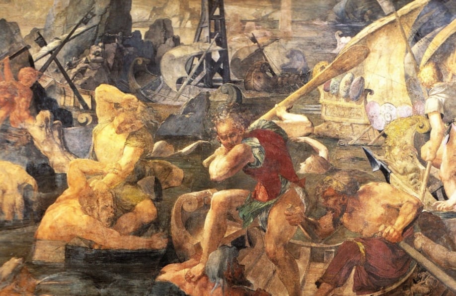 Fresco depicting Nauplius orchestrating the demolition of Greek ships successful revenge for his lad Palamydes.