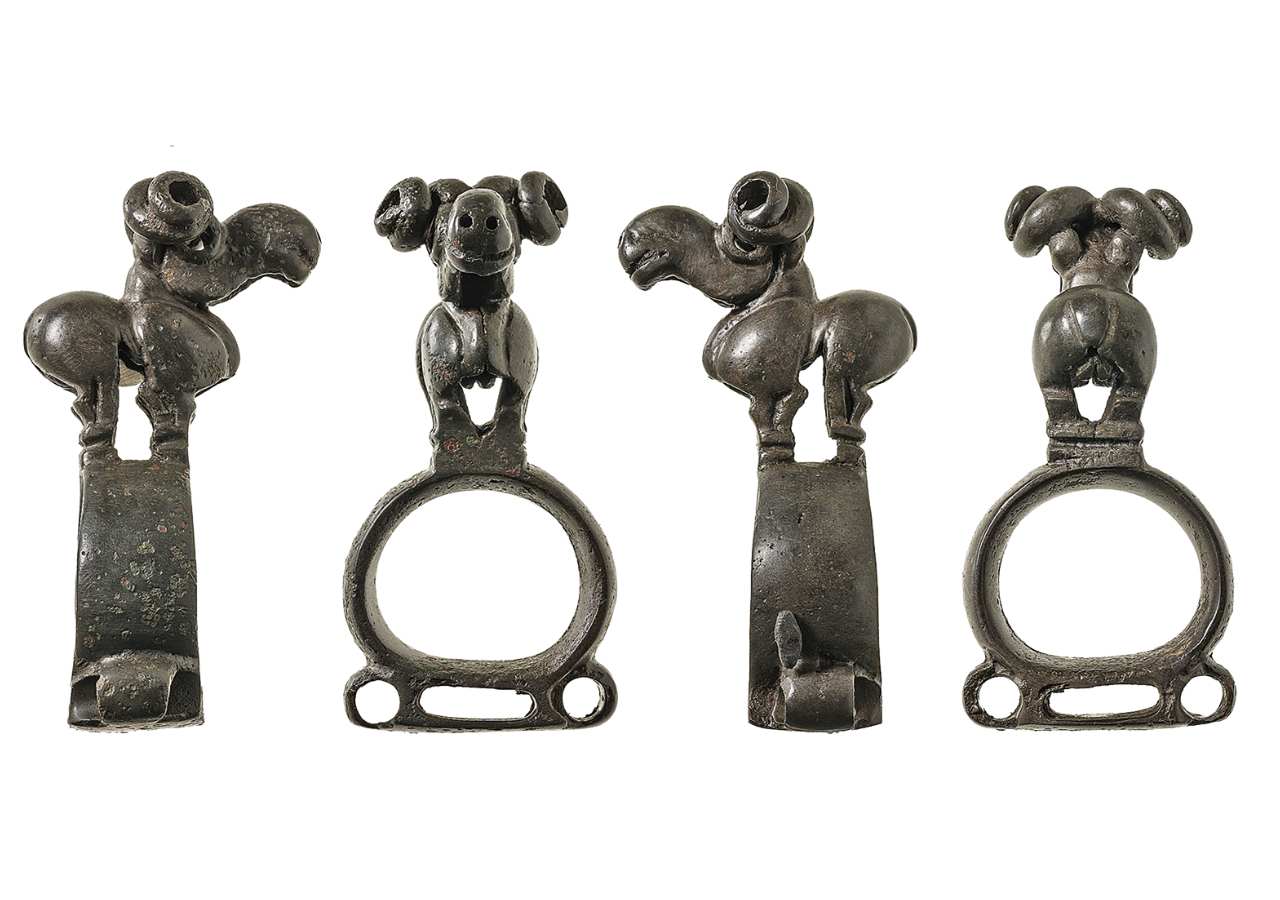 A bronze finial shaped like a ram’s head from the Tunnug 1 burial mound in Tuva, Russia
