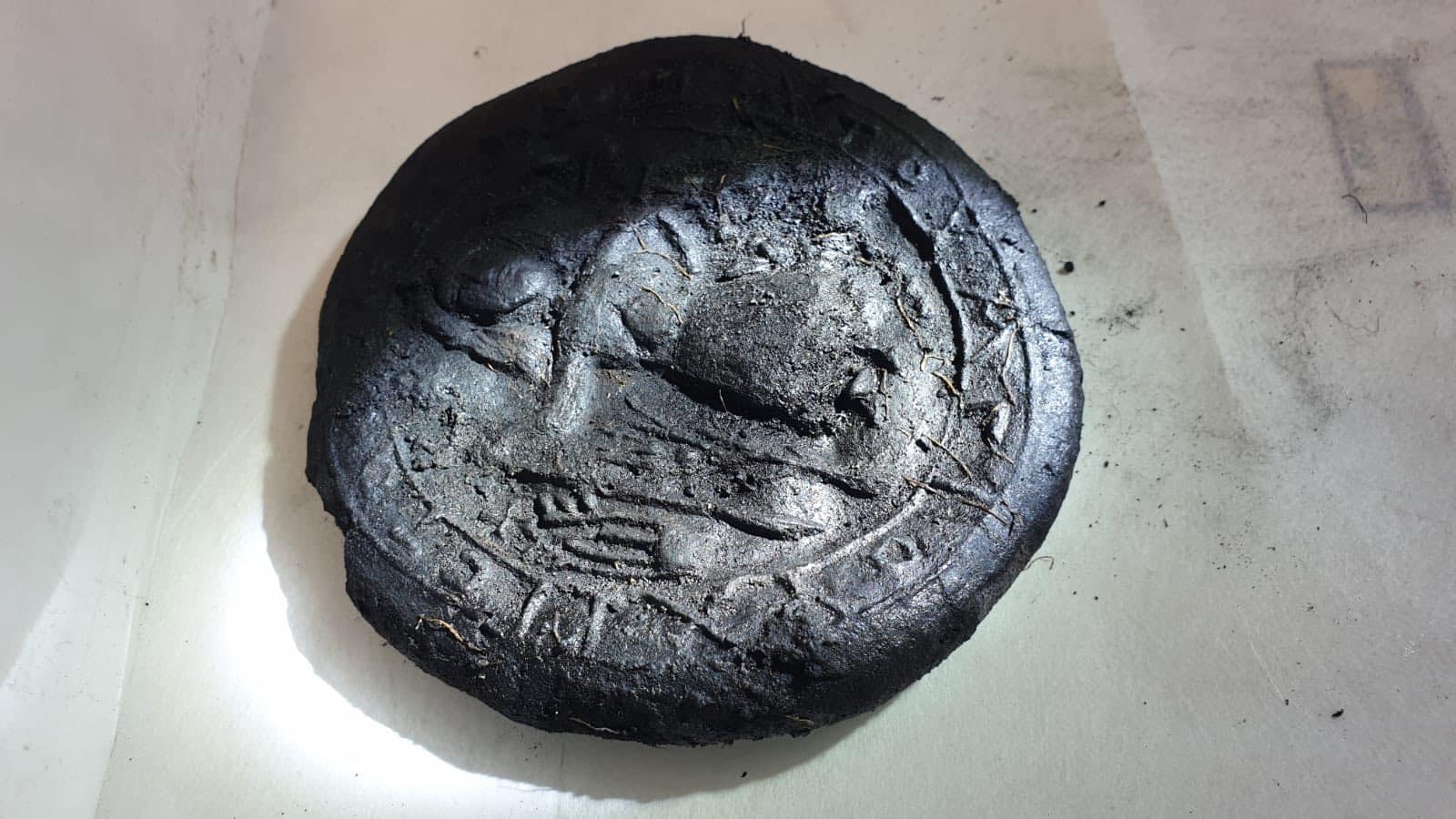 Carbonized circular loaf showing a raised fig and surrounding Greek letters