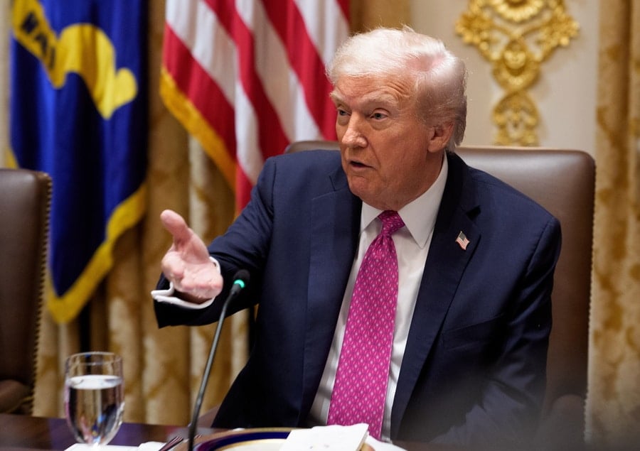US President Donald J. Trump gives remarks during a bilateral meeting in the Cabinet Room of the White House.
