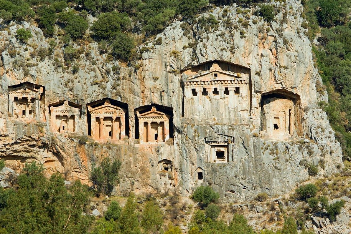 Hellenistic style Kaunian rock tombs in Dalyan, Turkey