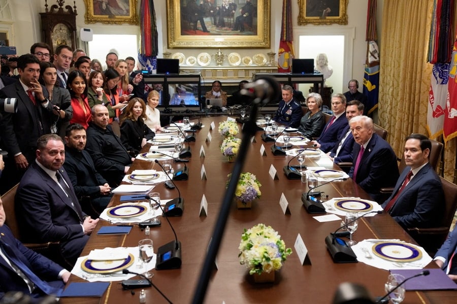 President of Ukraine Volodymyr Zelensky (sitting, 2-L) and US President Donald J. Trump (2-R) participate in a bilateral meeting in the Cabinet Room of the White House.