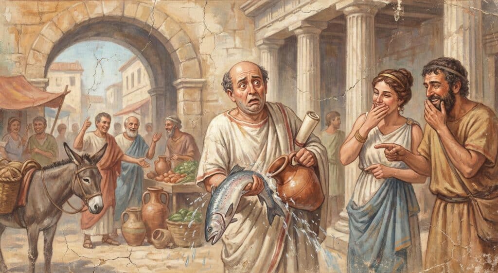 A central man in a white toga looks distressed while holding a wet fish and an overflowing jug, as a woman and another man laugh and point at him in an ancient marketplace setting.