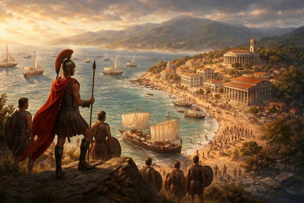 Spartan warrior successful  a plumed helmet and reddish  cloak stands connected  a rocky outcrop overlooking a bustling past  coastal metropolis  filled with Greek temples and sailing ships.