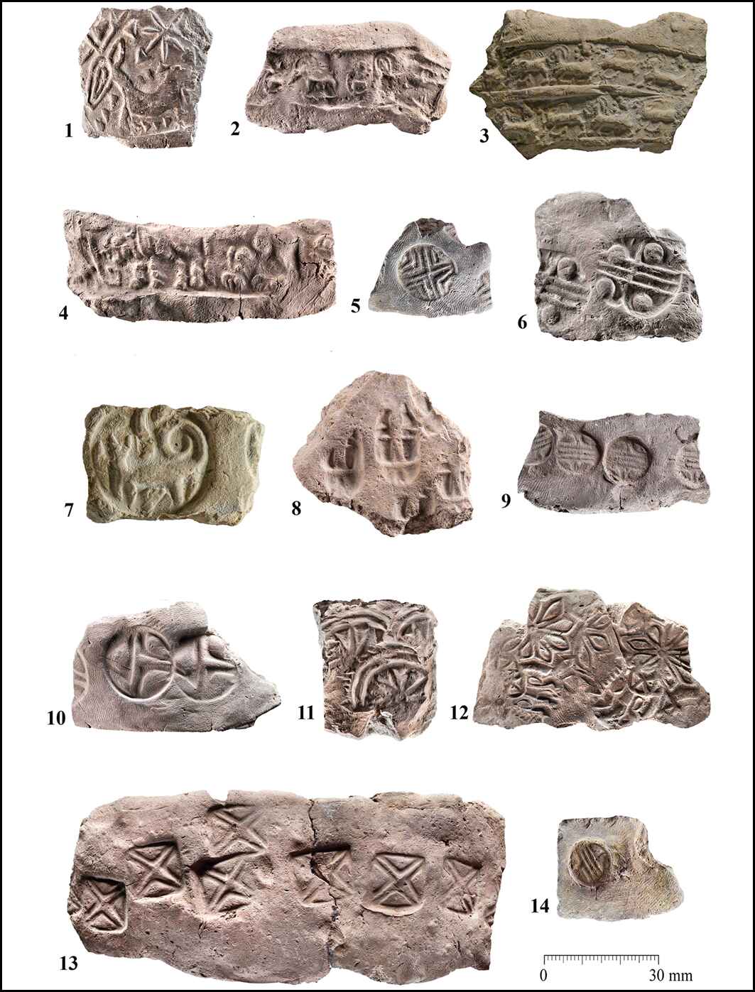 Examples of jar sealings: 1–4) cylinder seal impressions; 5–14) stamp seal impressions