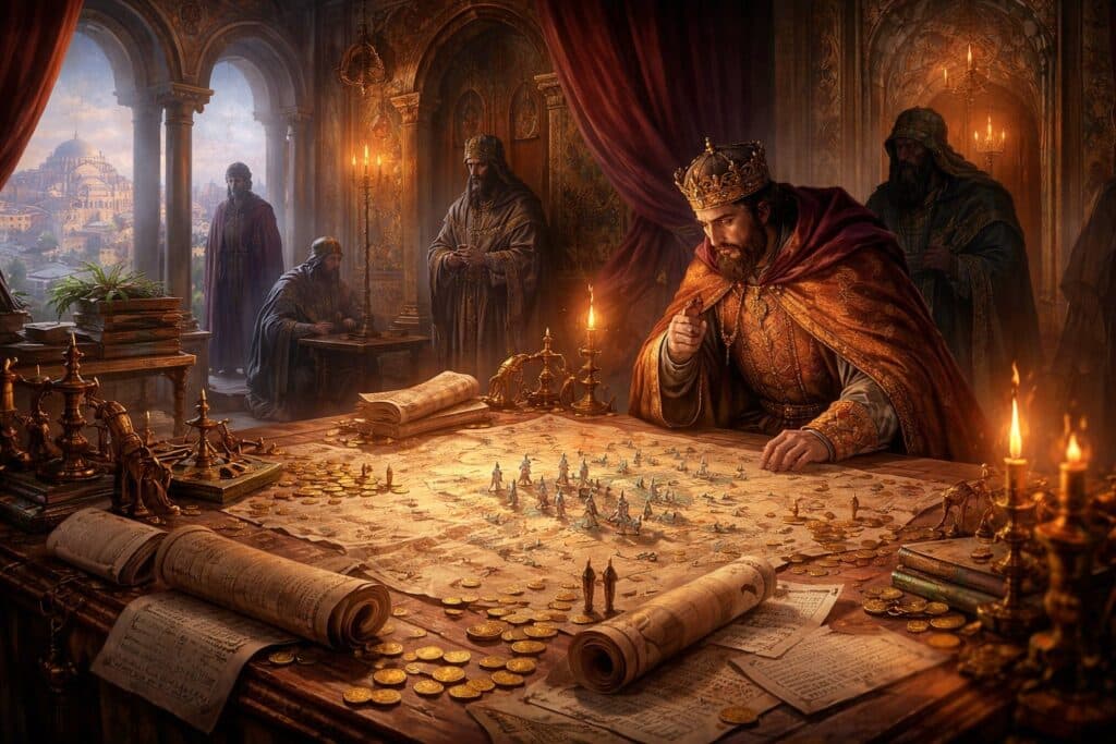 A Byzantine emperor sits at a large wooden desk, examining a map filled with coins and small figurines, while his advisors stand nearby in an ornate, candlelit chamber overlooking an ancient city.