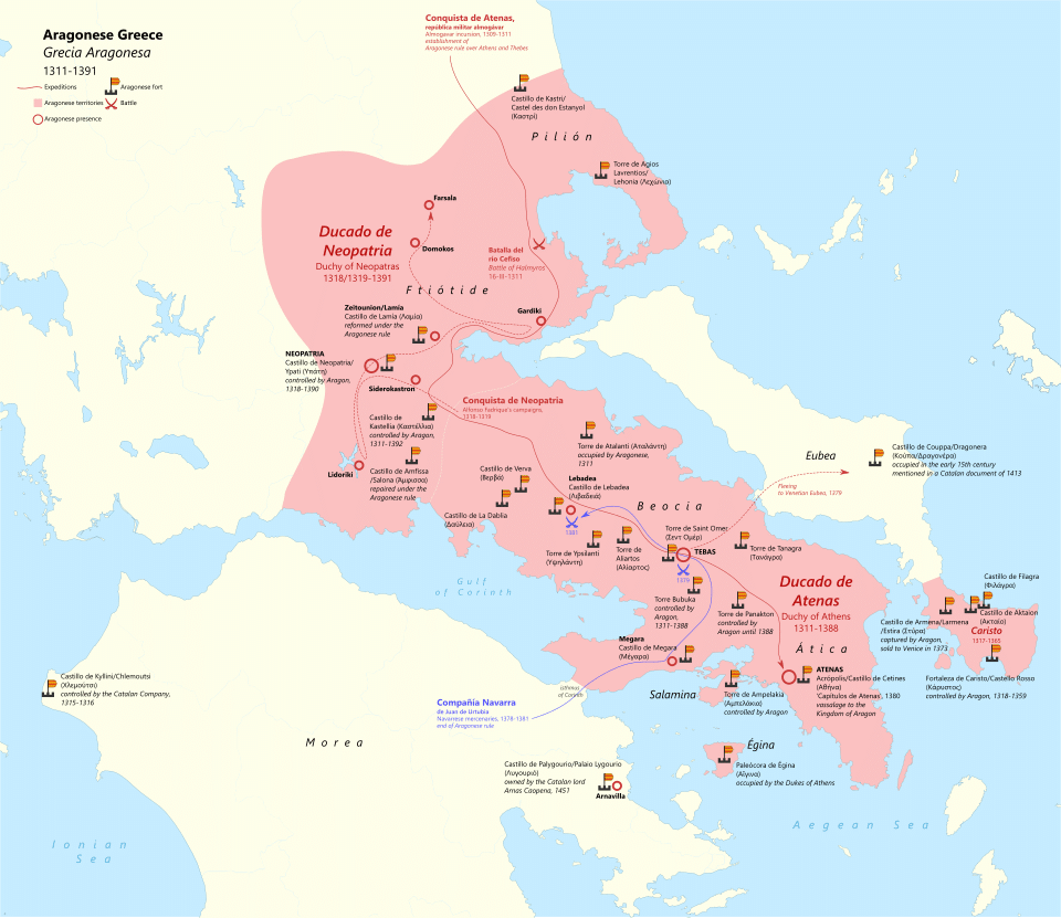 A historical map of Central Greece depicts the territories of the Duchy of Neopatria and the Duchy of Athens under Aragonese rule between 1311 and 1391.