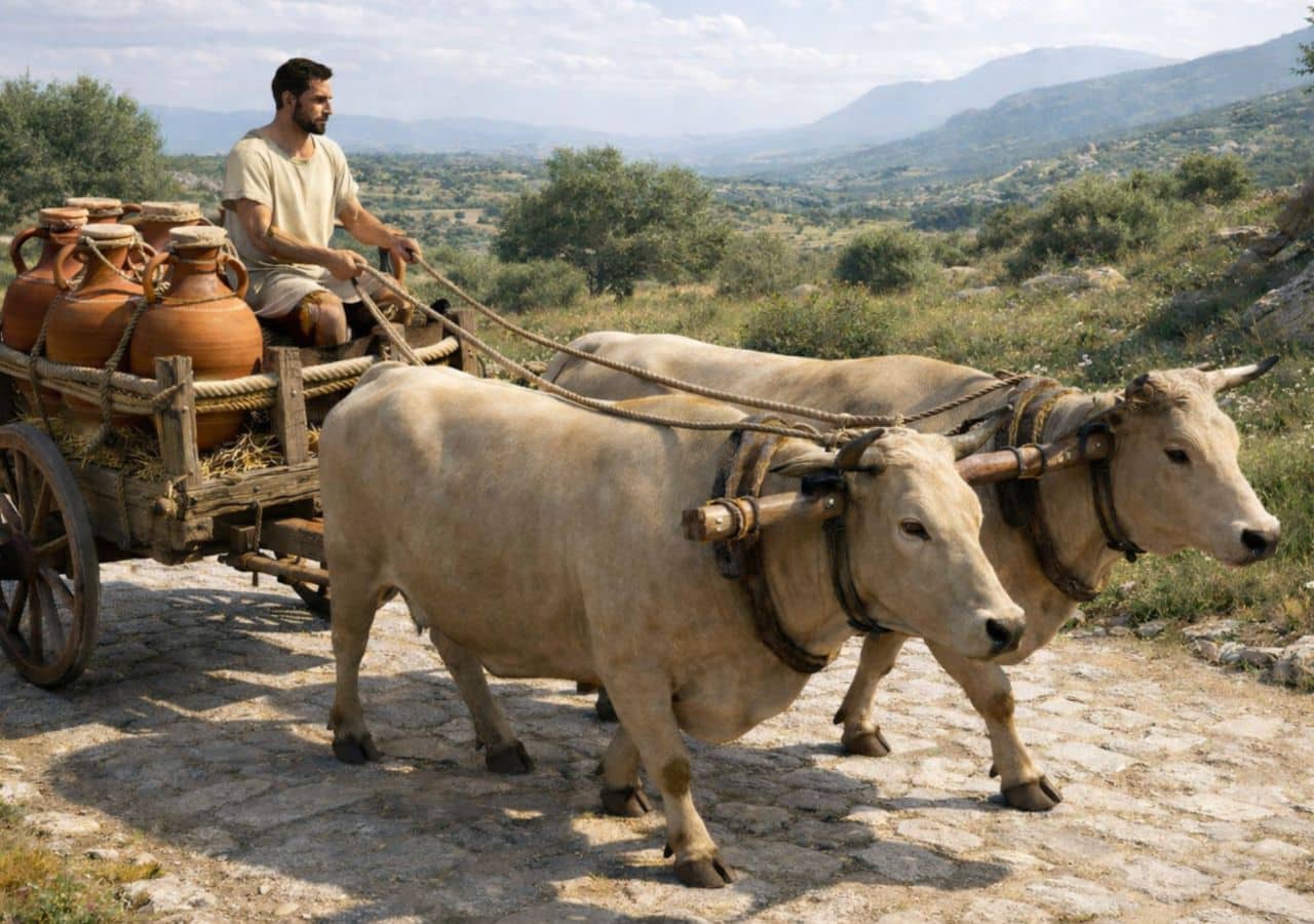 Ancient human riding ox cart