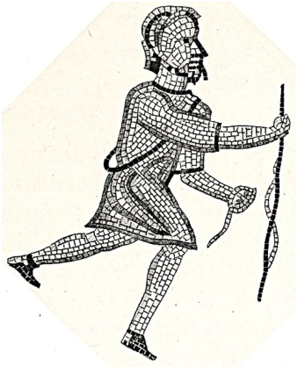 Drawing of a male arena hunter holding a whip and dagger
