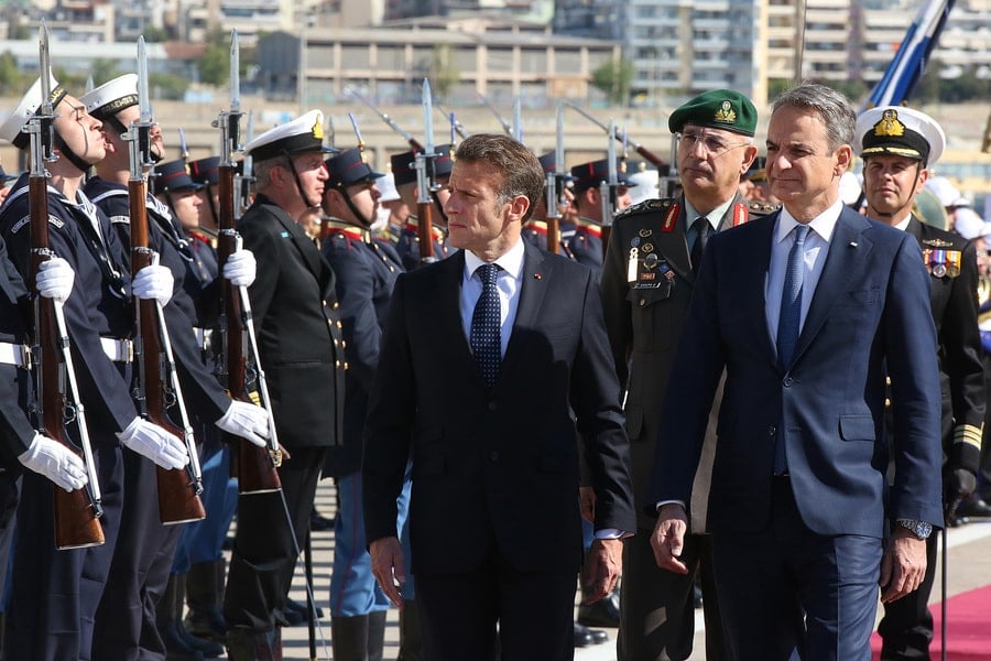 PM Mitsotakis and French President Macron Visit Frigate Kimon in Greece