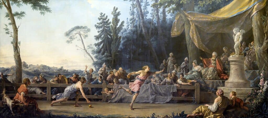 Oil painting depicting the footrace between Hippomenes and Atalanta by Noël Hallé, housed in the Louvre Museum, France.