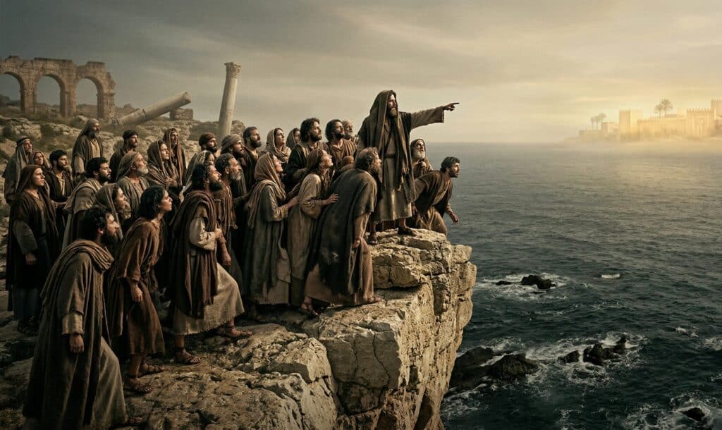 A group of people dressed in ancient garments stands on a rocky cliff as a central figure points toward a shimmering city across the sea.