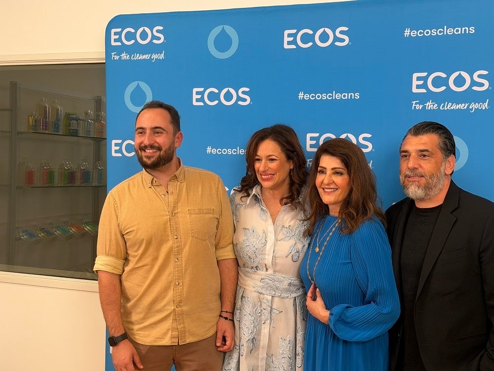 Nia Vardalos, Kelly Vlahakis-Hanks, Spyros Karaganis and Petros Antoniadis on stage at a Press event.