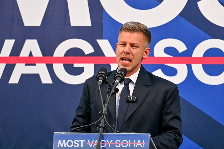 President of the opposition Tisza Party Peter Magyar addresses his supporters during the party's campaign closing event in Debrecen, Hungary, 11 April 2026.