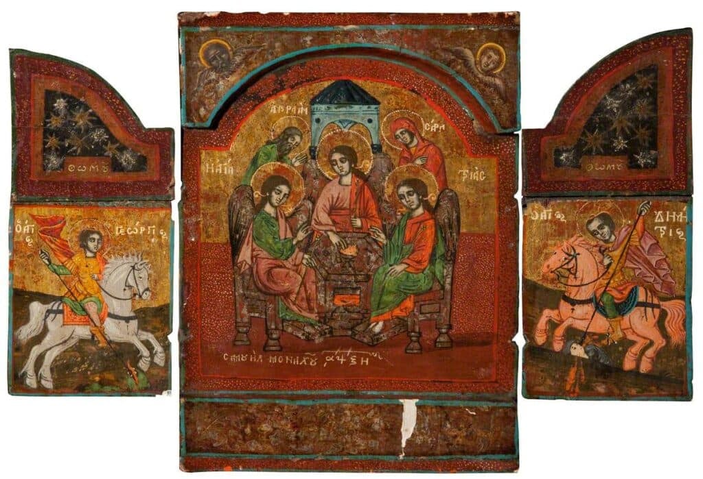 Triptych of St. George (left) and St. Demetrius (right) warrior saints, with the Old Testament Trinity (The Hospitality of Abraham) successful  the mediate  (1767). Exhibited astatine  the Blackburn Museum and Art Gallery. Photo by Anonymous - Art UK. Byzantine warrior saints