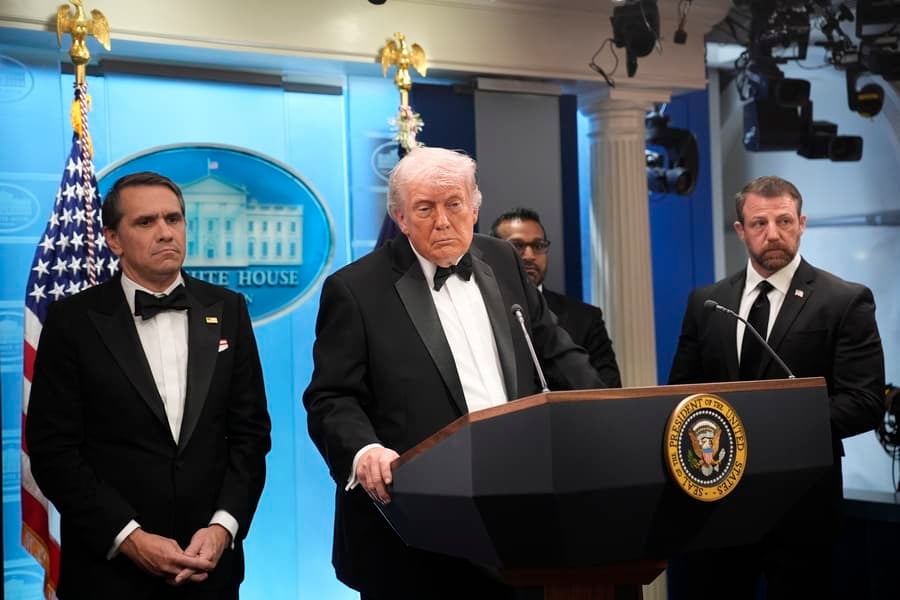 President Donald Trump (C) speaks to reporters in the White House Press Briefing Room after a shooting outside the Washington Hilton ballroom hosting the White House Correspondents Dinner caused the postponement of the event in Washington, DC, USA, 25 April 2026. The alleged shooter is in custody.