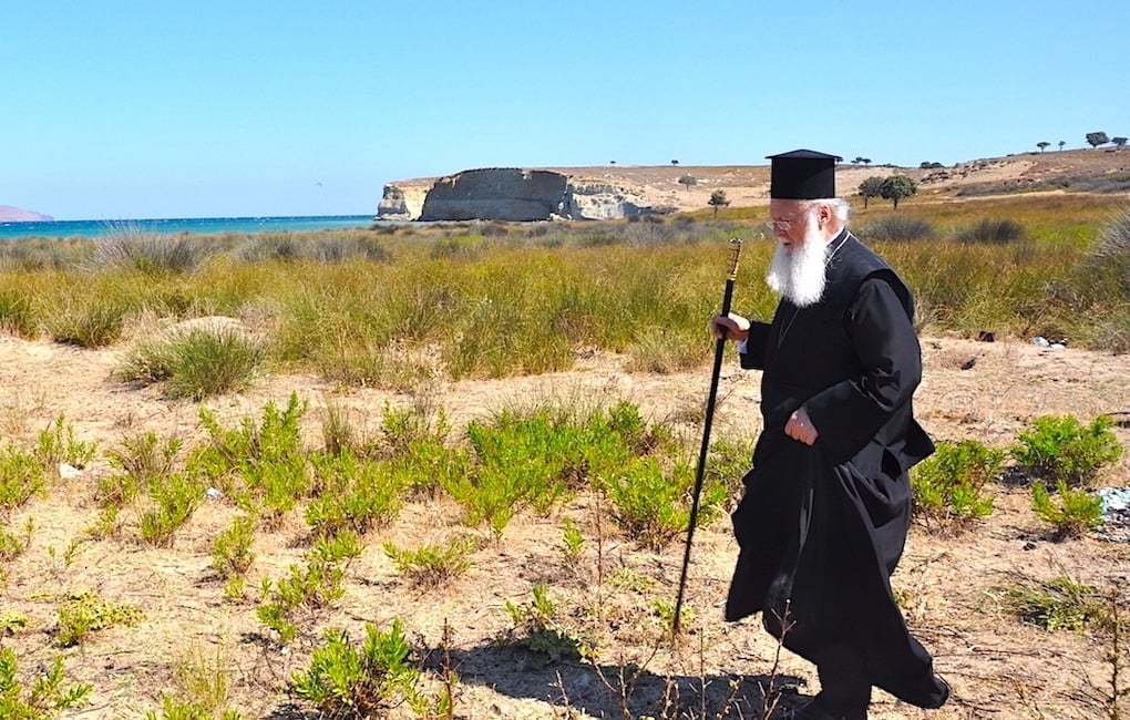 Patriarch Bartholomew on undeveloped land on the island of Imbros.