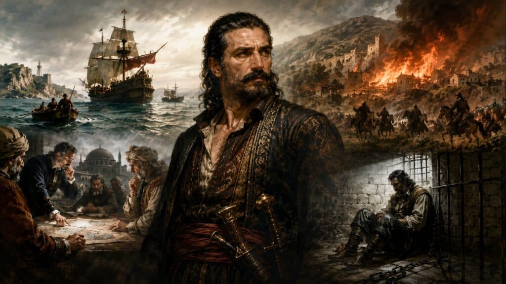 A detailed collage illustration features a central, weathered man with dark hair and a mustache in ornate historical attire, flanked by scenes of sailing ships, a city on fire with cavalry charging, men conferring over a map, and a prisoner in chains.