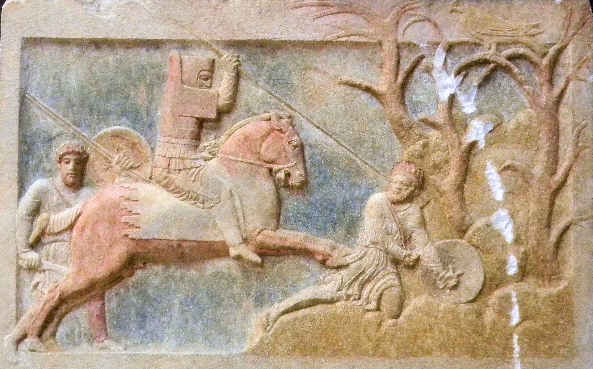 A Greek mercenary (left) in the service of an Achaemenid Dynast of Hellespontine Phrygia (center) attacking a Greek psiloi (right)