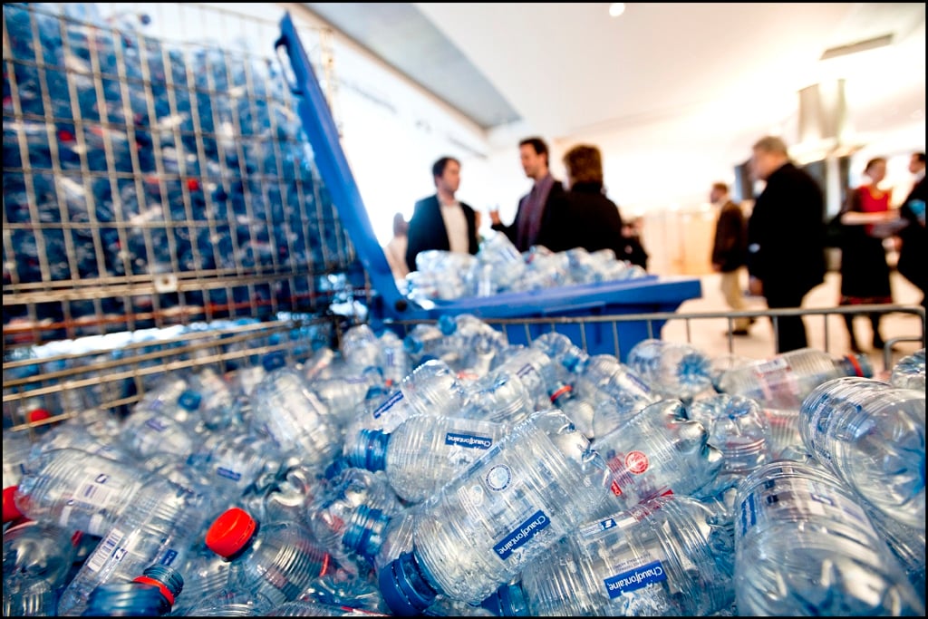A stand full of plastic bottles to raise awarness on plastic recycling