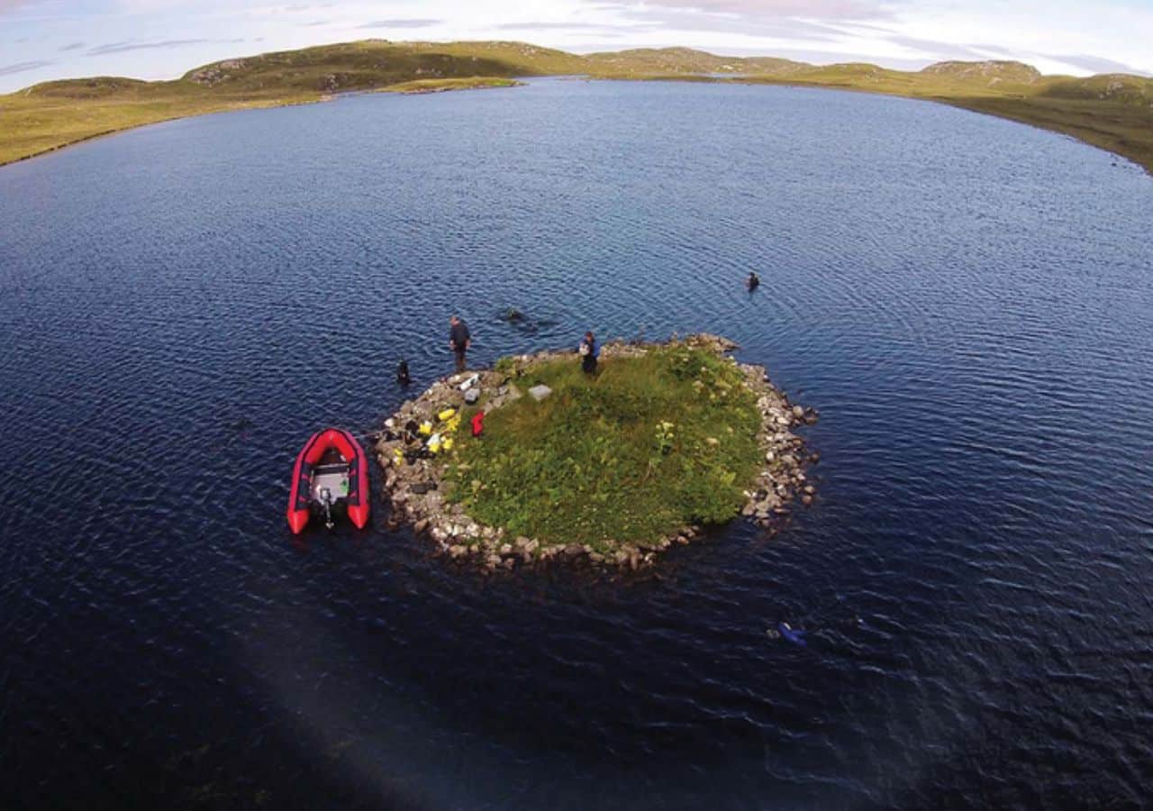 Aerial view of the islets in Loch Bhorgastail
