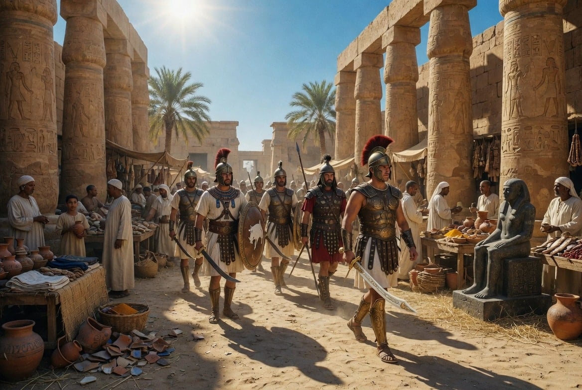 AI reconstruction of Greek and Karian soldiers move through an Egyptian marketplace