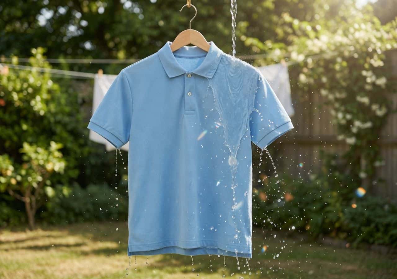 Clear water streams down a polo shirt