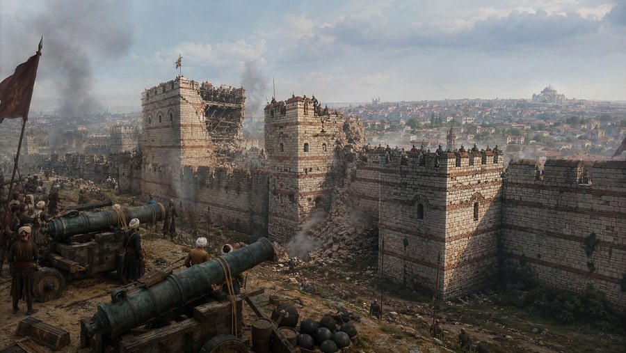 Illustration of the 1453 siege of Constantinople, showing Ottoman artillery attacking the Theodosian Walls