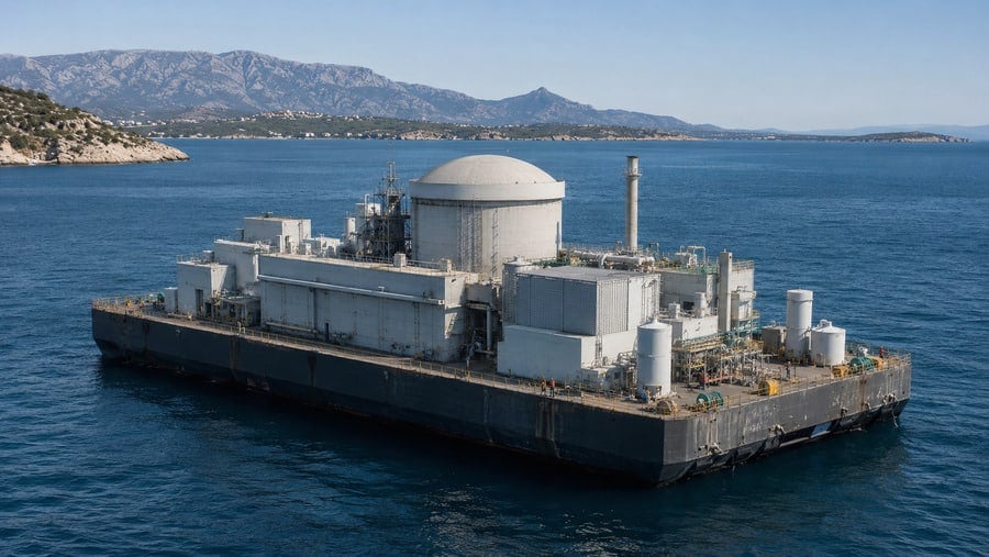 Illustration of a floating nuclear power plant on a large offshore platform near a Mediterranean coastline.