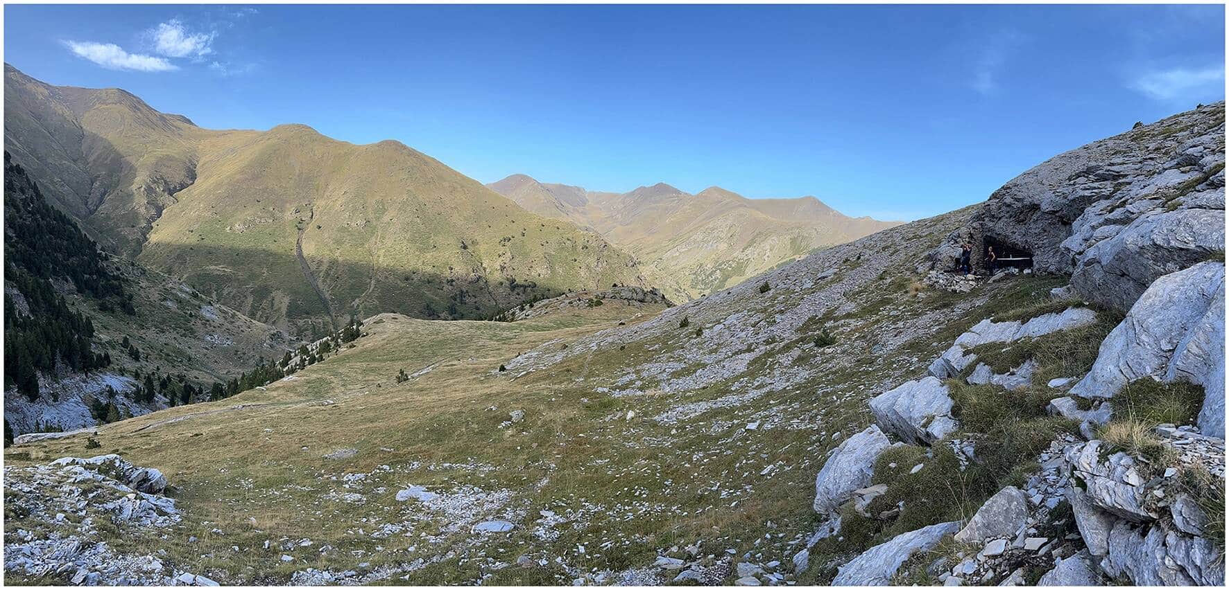 High-altitude landscape in the eastern Pyrenees showing the location of Cave 338