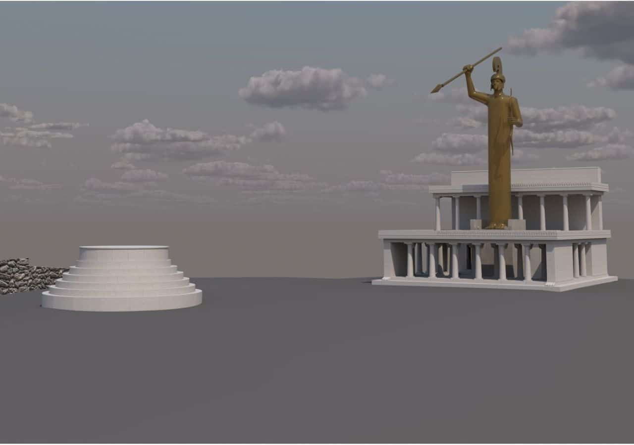 Schematic 3D reconstruction of thronos with bathron and statue of Apollo Amyklaios