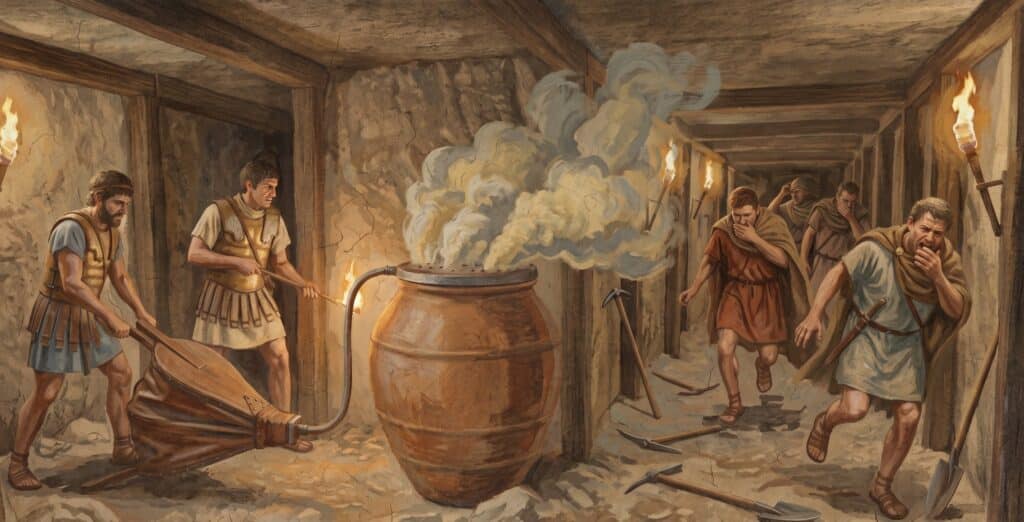 Siege of Ambracia image depicting a barrel in which burning feathers are used as a type of early chemical warfare tactic